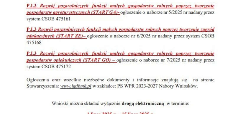 LGD „Brama Mazurskiej Krainy” ogłasza nabór wniosków